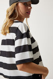 Beyaz Siyah Bisiklet Yaka Çizgili Crop Örme T-Shirt HF00452