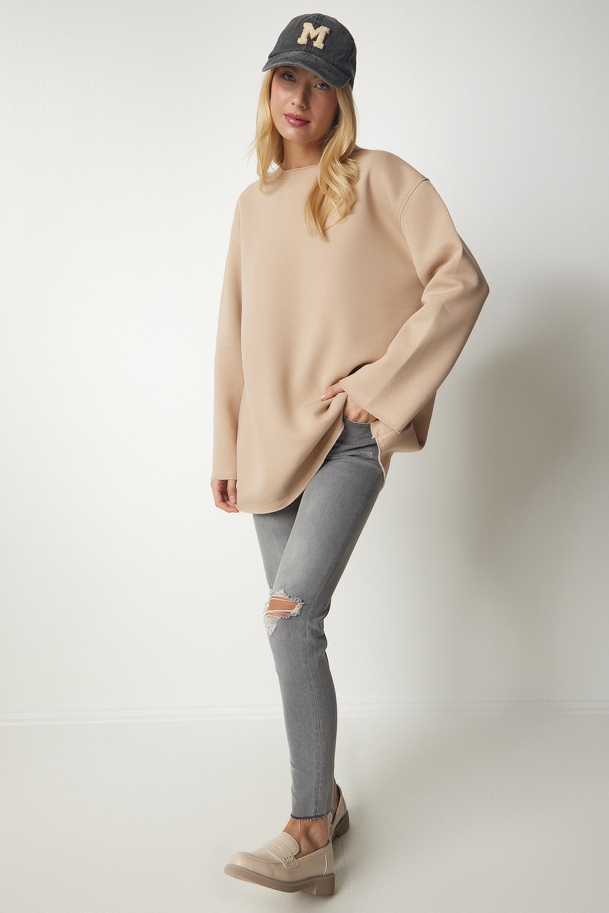 Camel Şardonlu Oversize Örme Sweatshirt NJ00131