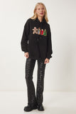 Siyah Yılbaşı Temalı Kapüşonlu Şardonlu Örme Sweatshirt TQ00001