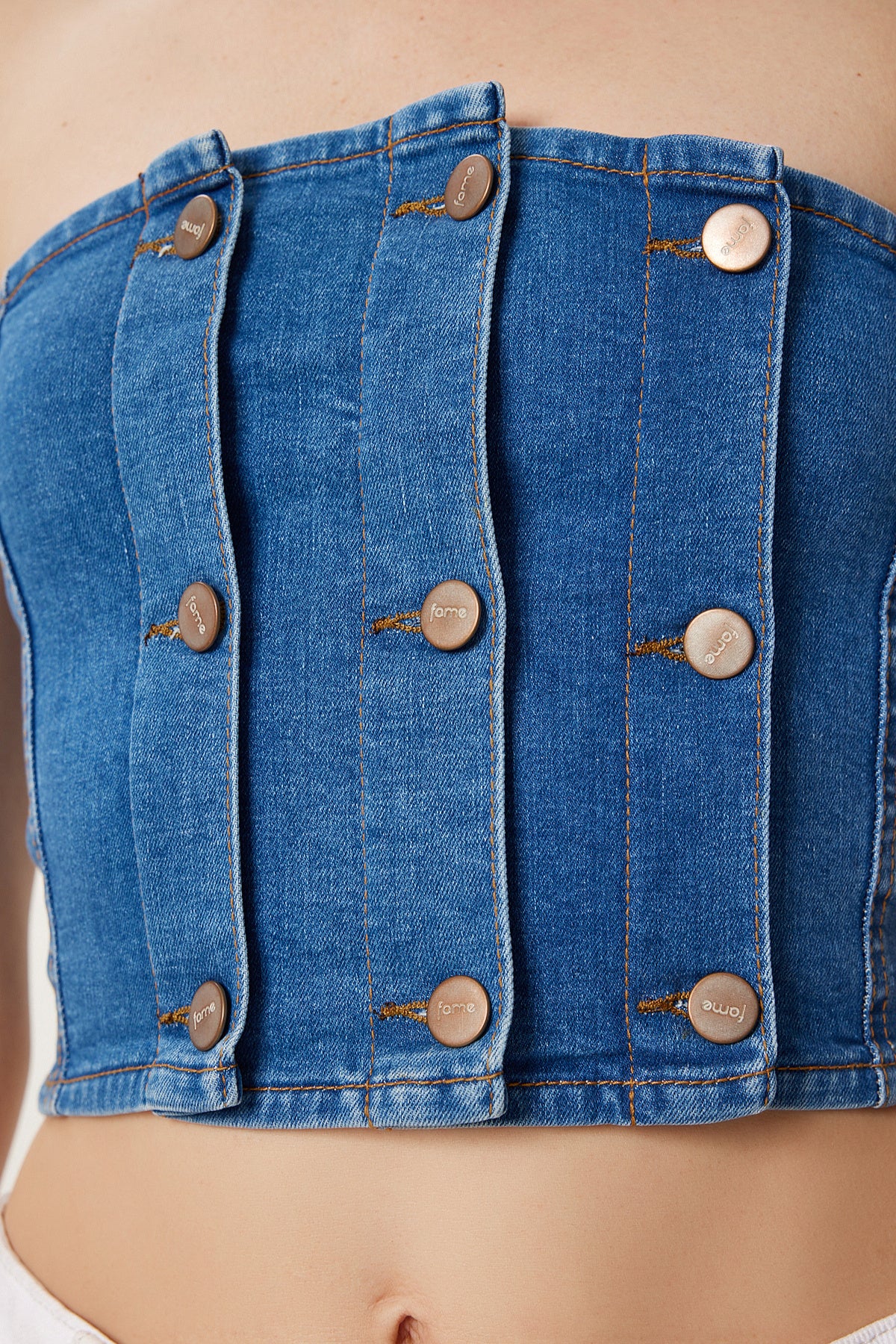 Koyu Mavi Düğme Detaylı Straplez Denim Büstiyer FG00033