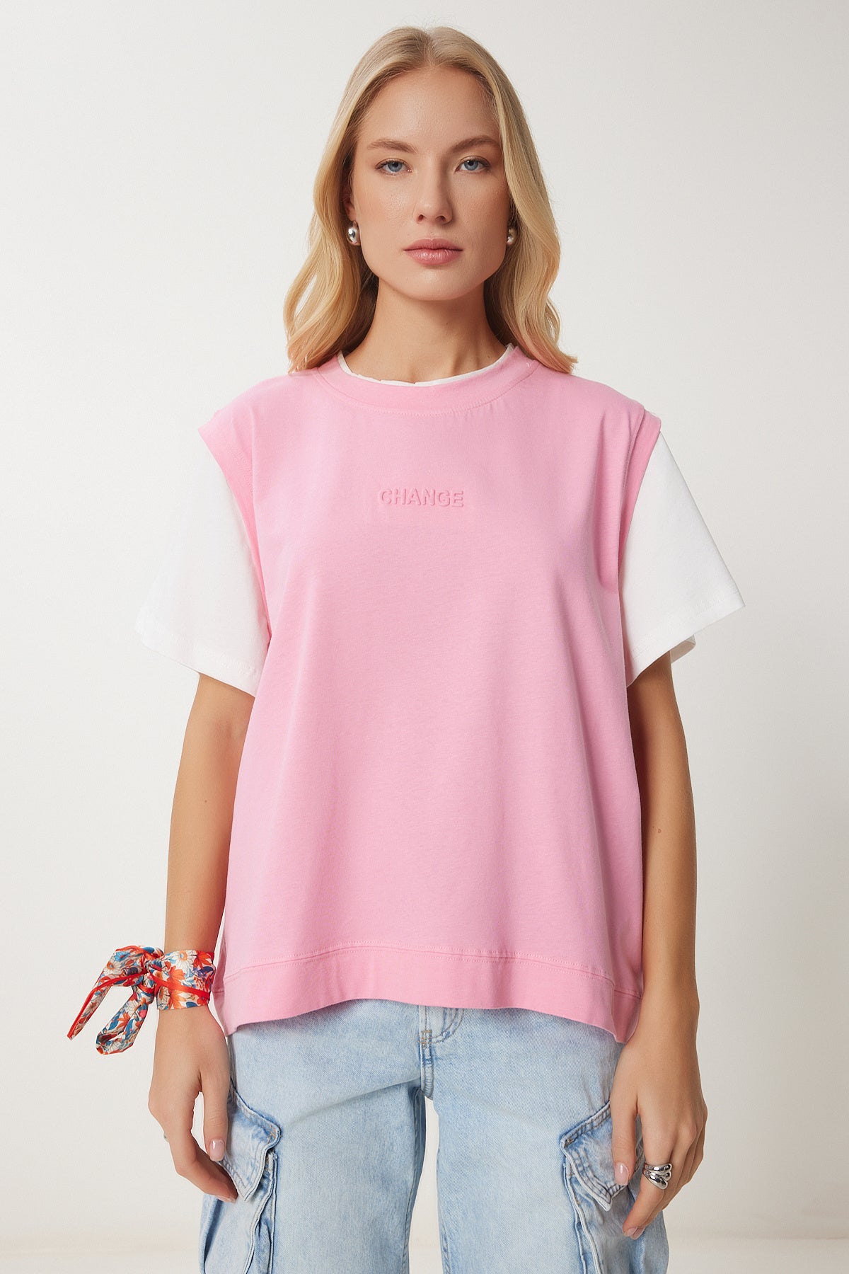 Pembe Kontrast Renkli Pamuklu Örme T-Shirt CR00459