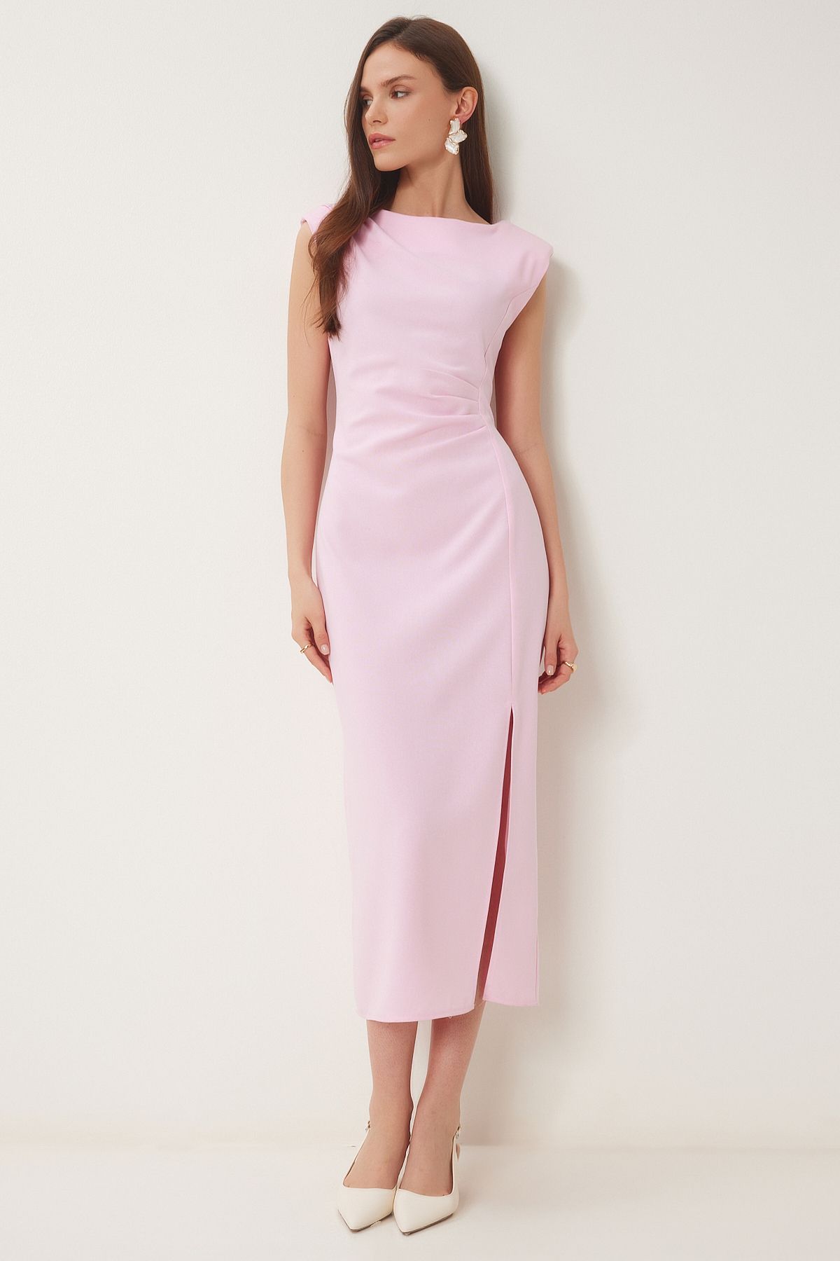 Pembe Vatkalı Drapeli Midi Dokuma Elbise WF00101