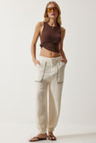 Krem Nakış Detaylı Müslin Pantolon SF00019