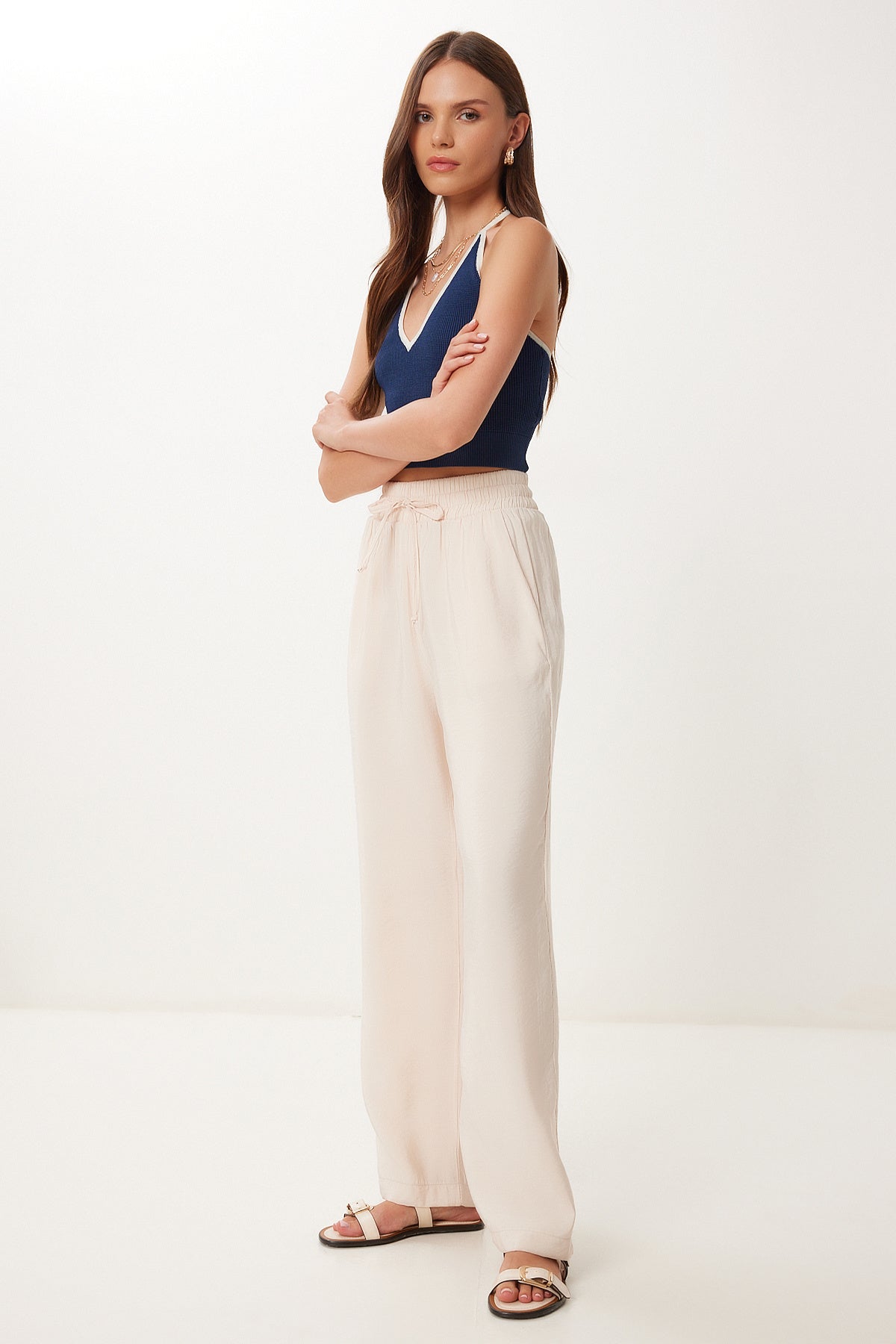 Krem Geniş Paça Yazlık Modal Pantolon BV00157