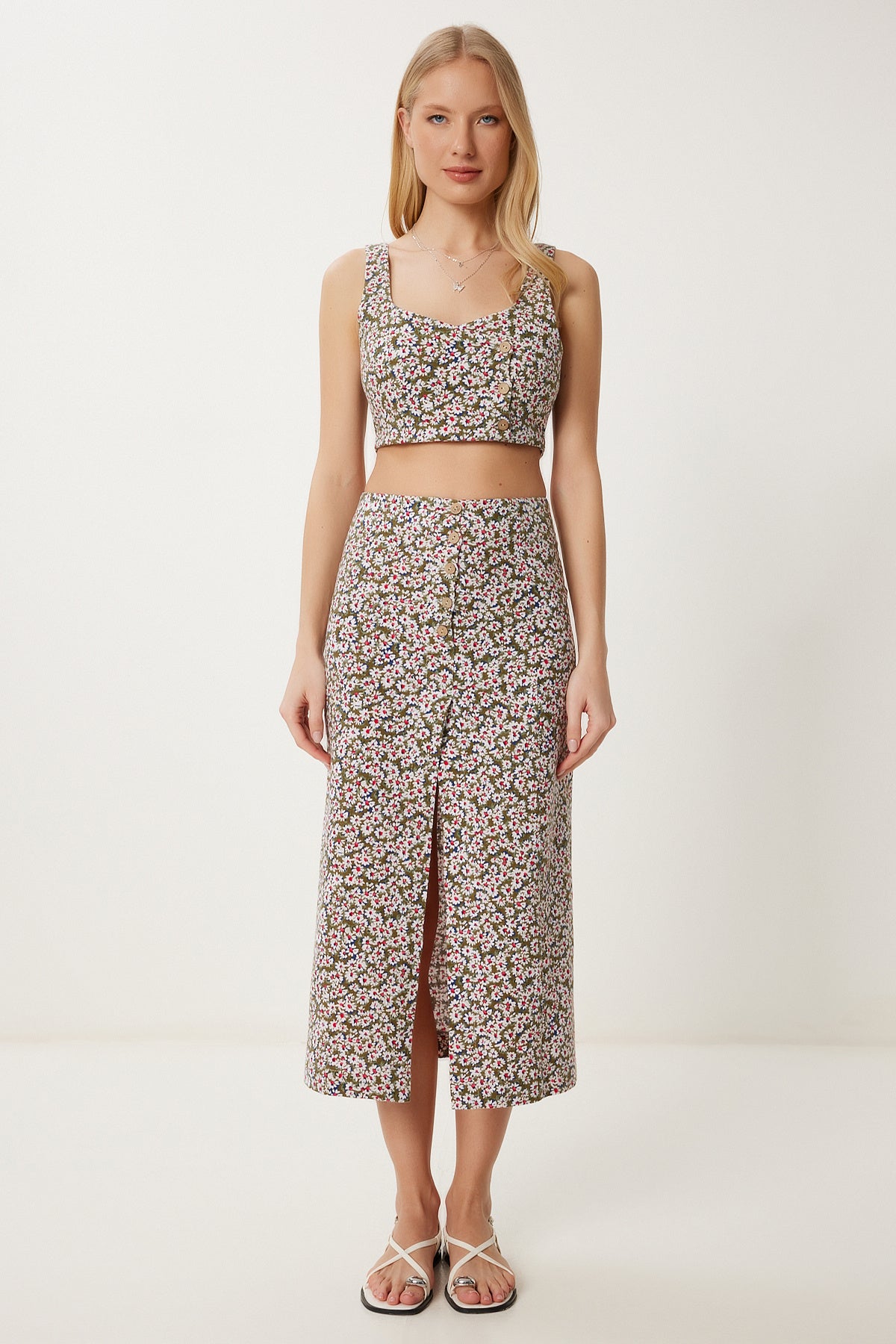 Haki Kemik Desenli Keten Crop Etek Takım FK00025