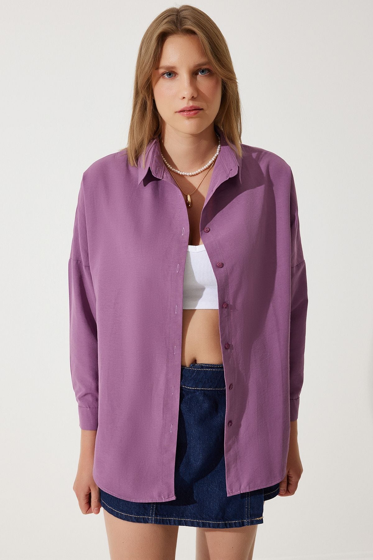 Koyu Lila Oversize Uzun Basic Gömlek DD00842