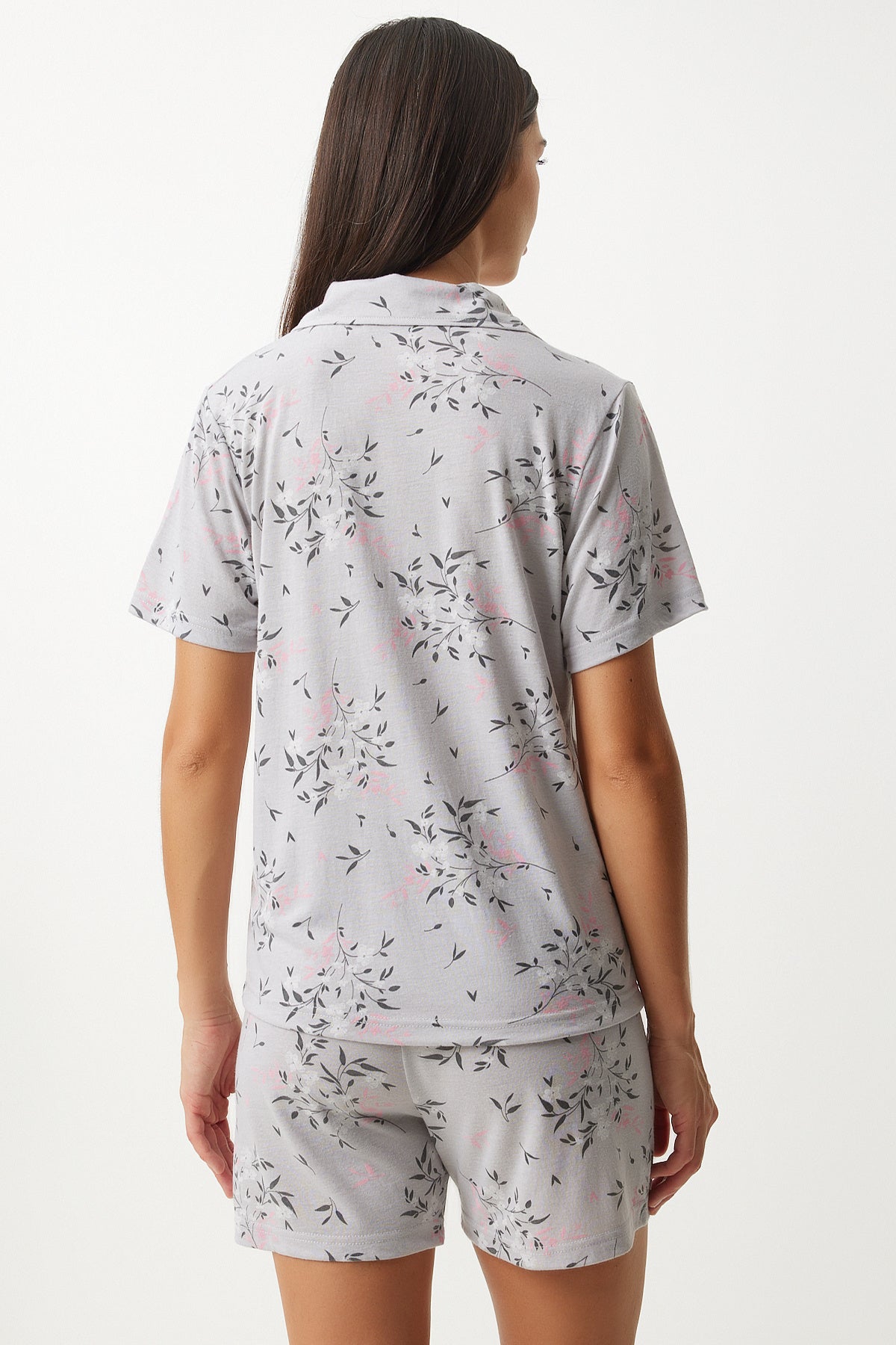 Gri Desenli Viskon Şort Gömlek Pijama Takımı EC00044