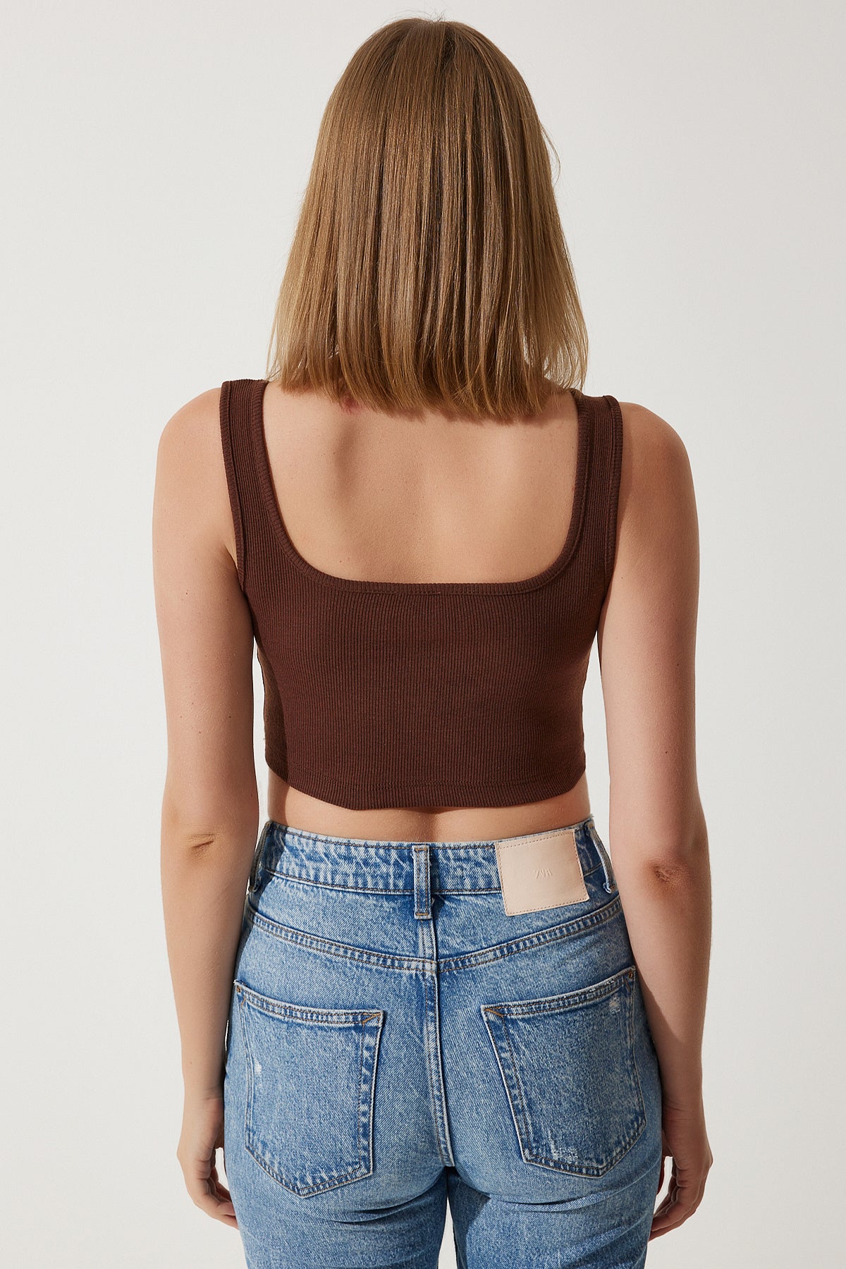 Kahverengi Askılı Fitilli Crop Örme Bluz GT00030