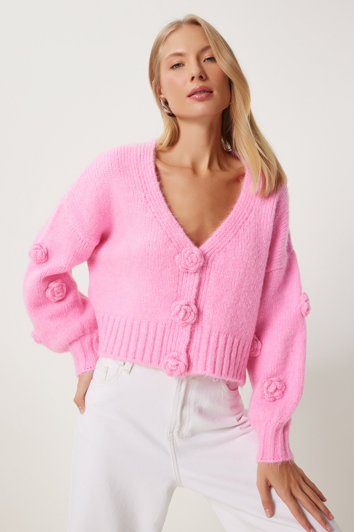 Pembe Ponpon Çiçek Detaylı Triko Hırka PF00078