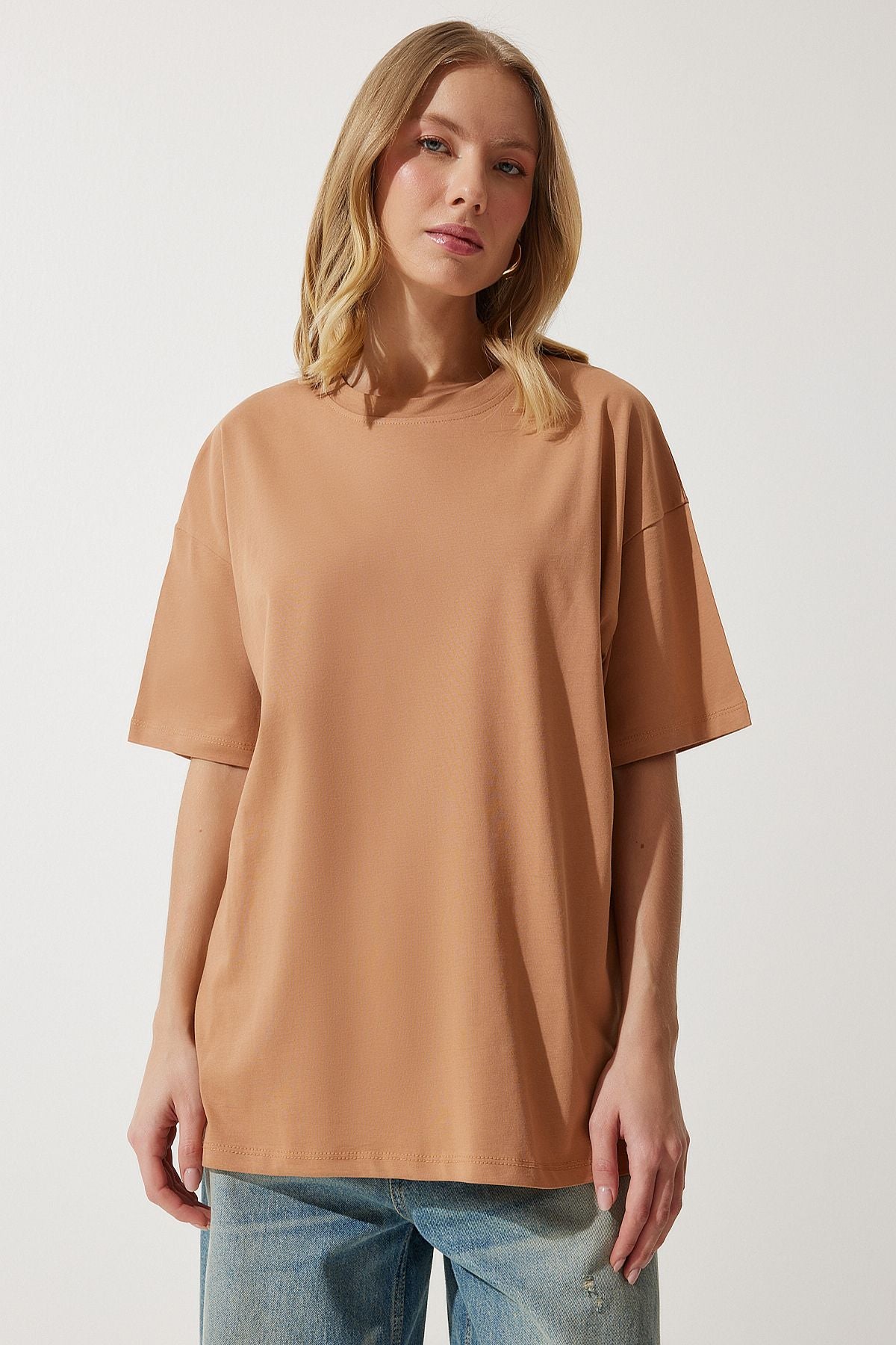 Bisküvi Bisiklet Yaka Basic Oversize Örme T-Shirt BF00091