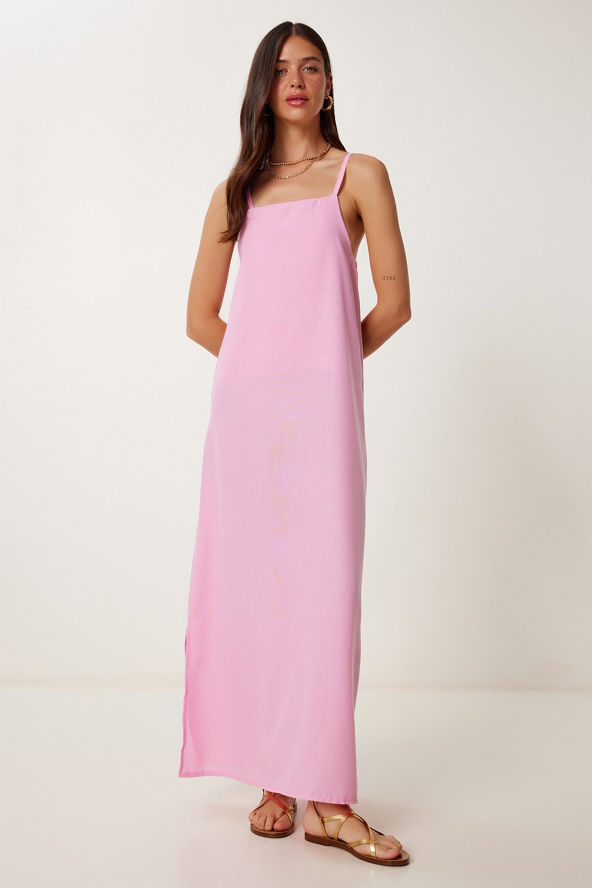Pembe Askılı Yazlık Keten Elbise DZ00129