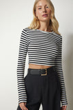 Siyah Beyaz Çizgili Kaşkorse Crop Bluz MC00229
