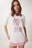 Ekru Baskılı Pamuklu Oversize Örme T-Shirt CR00456