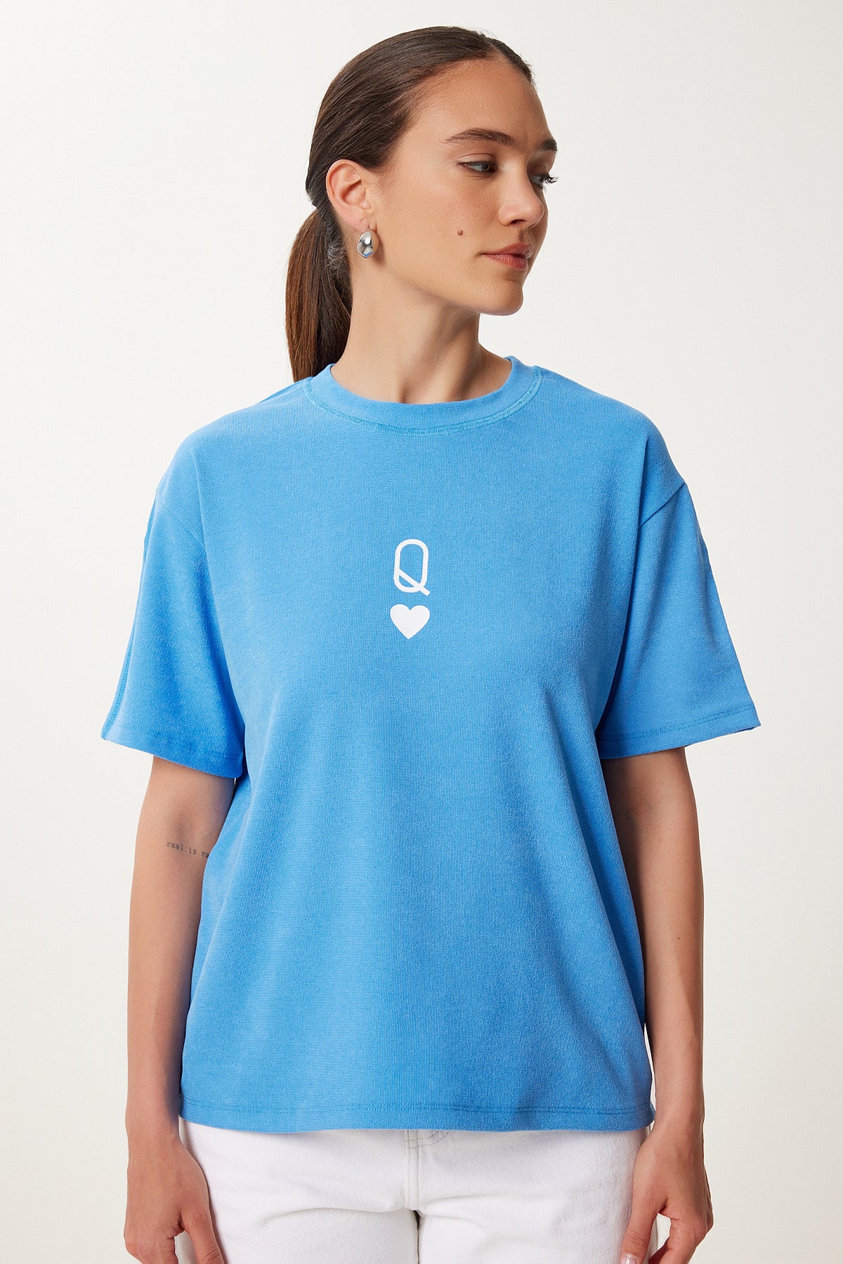 Gök Mavi Baskılı Oversize Örme T-Shirt AN00245