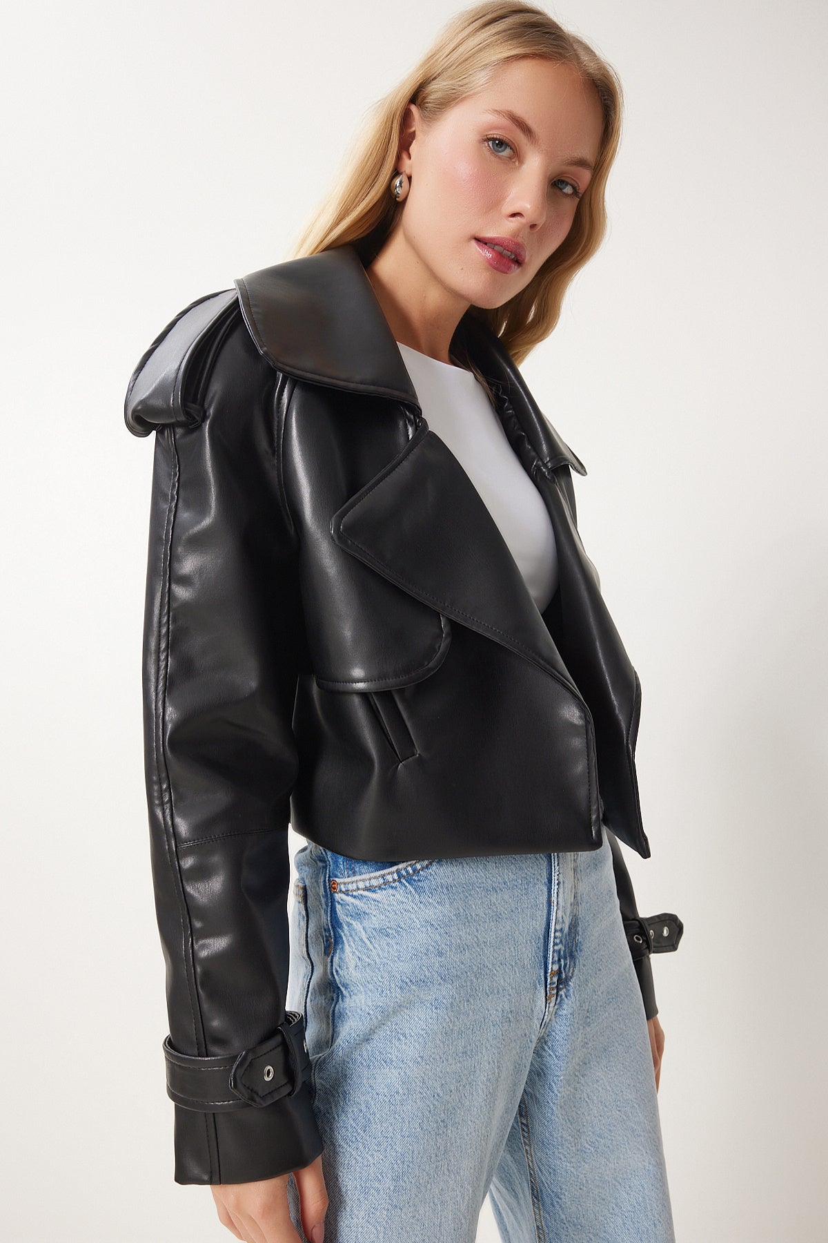 Siyah Oversize Suni Deri Ceket OH00059