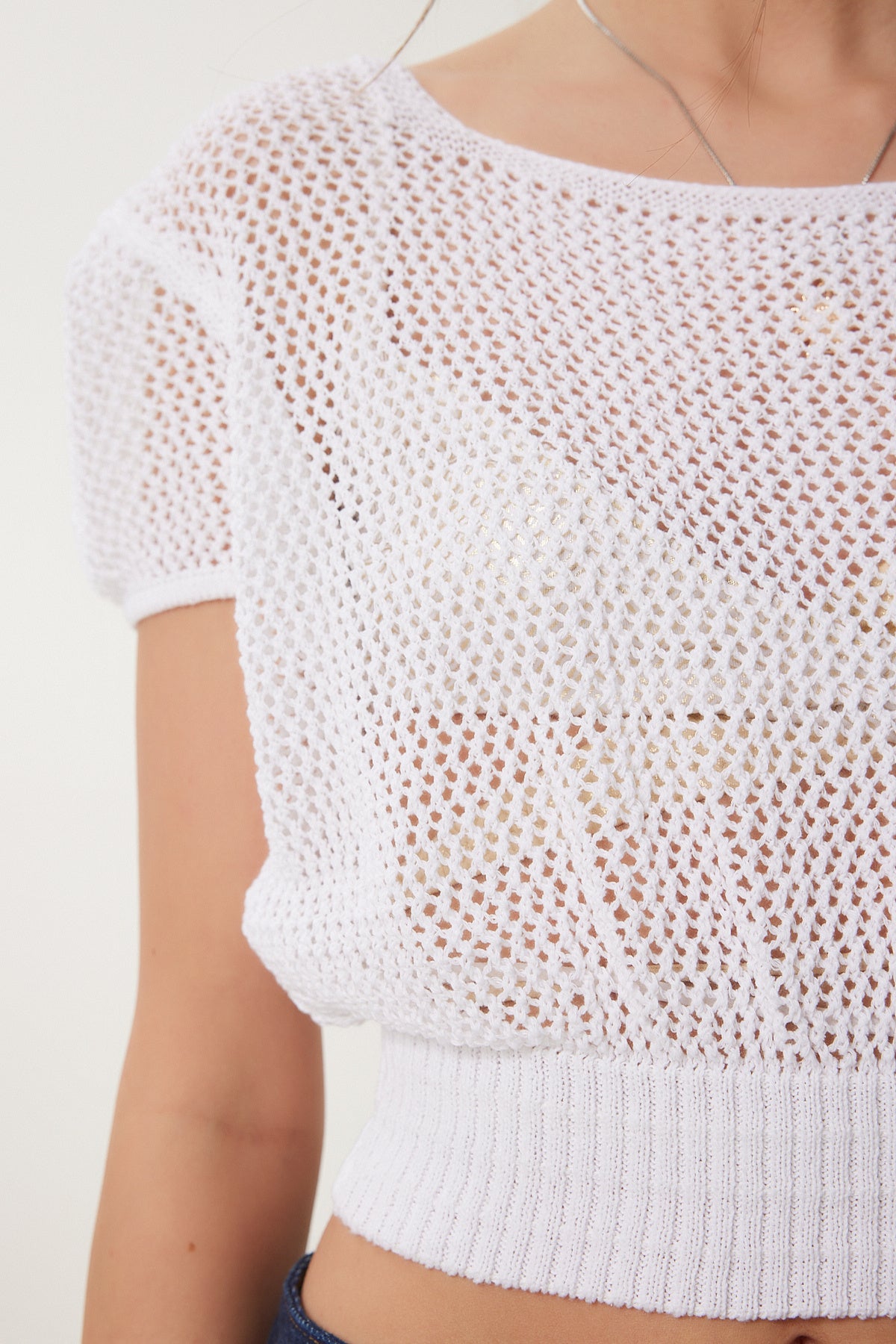 Beyaz Ajurlu Yazlık Crop Triko Bluz ZA00076