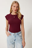 Bordo Kolsuz Esnek Örme T-Shirt ZV00307