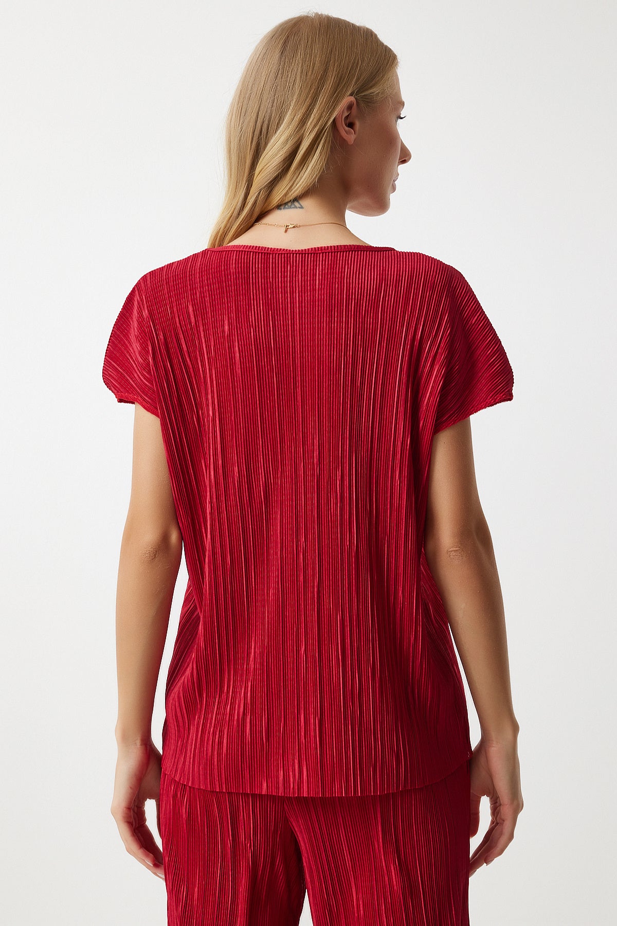 Kırmızı Piliseli Rahat Bluz Pantolon Takım MC00283