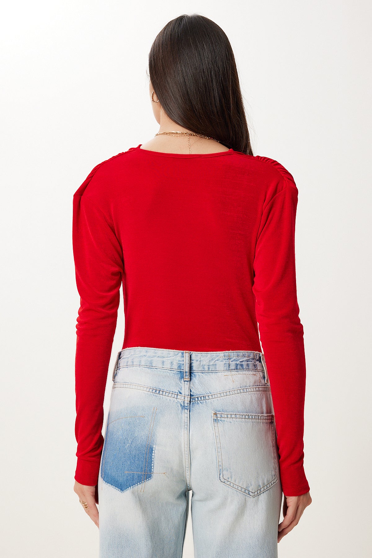 Kırmızı Vatkalı Degaje Yaka Örme Bluz RC00163