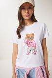 Beyaz Taş Detaylı Ayıcık Baskılı Örme T-Shirt BW00001