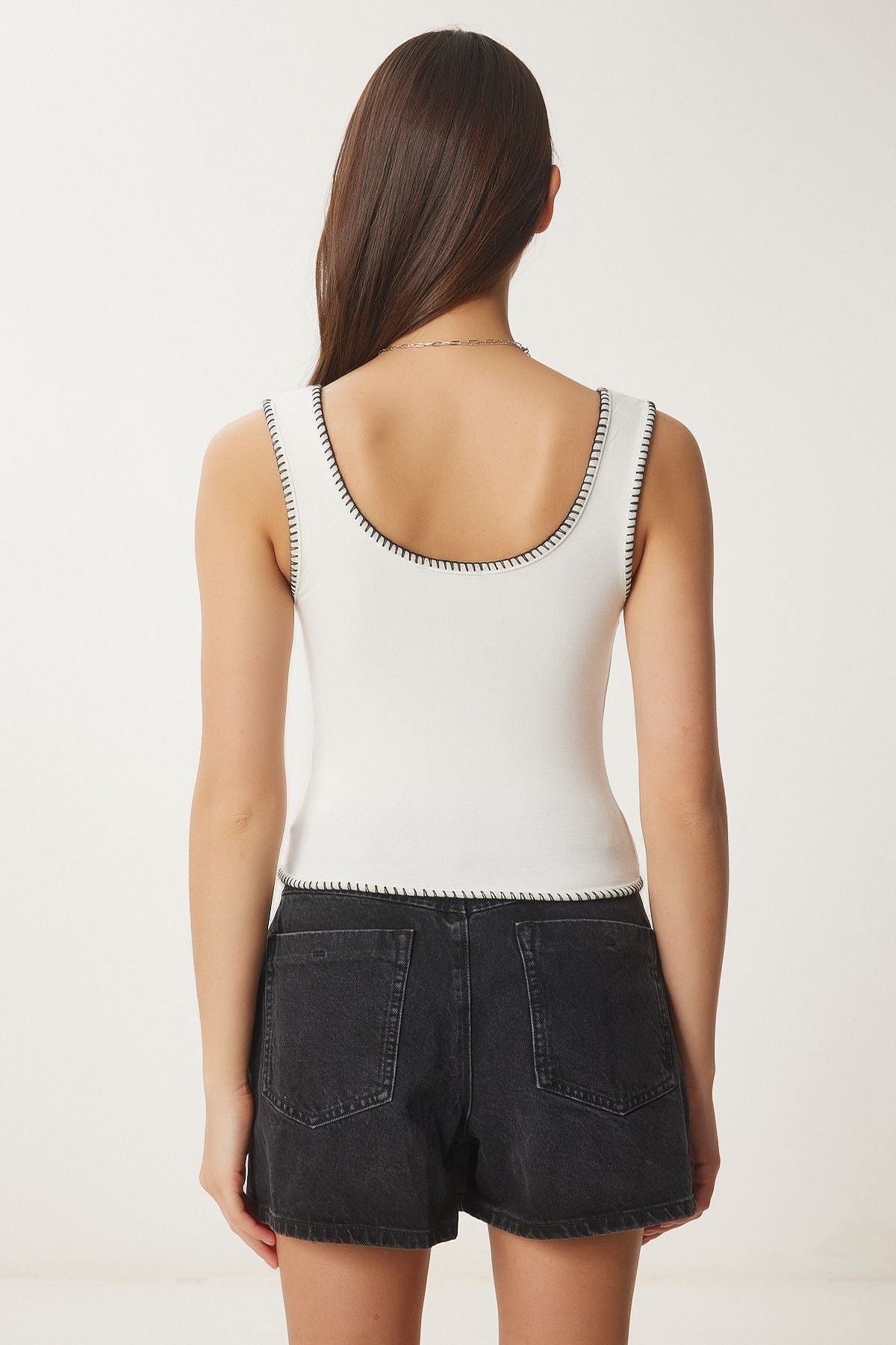 Kemik Kontrast Şeritli Crop Örme Bluz FW00005