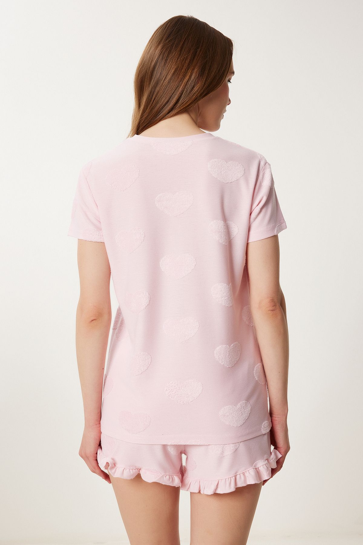 Şeker Pembe Kalp Dokulu Şortlu Örme Pijama Takımı FP00011