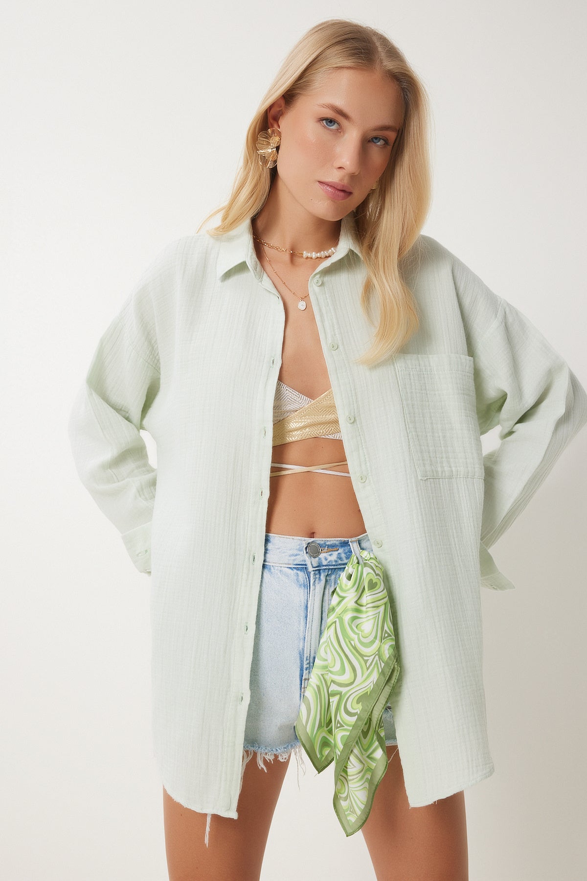 Su Yeşili Oversize Basic Müslin Gömlek  MX00150