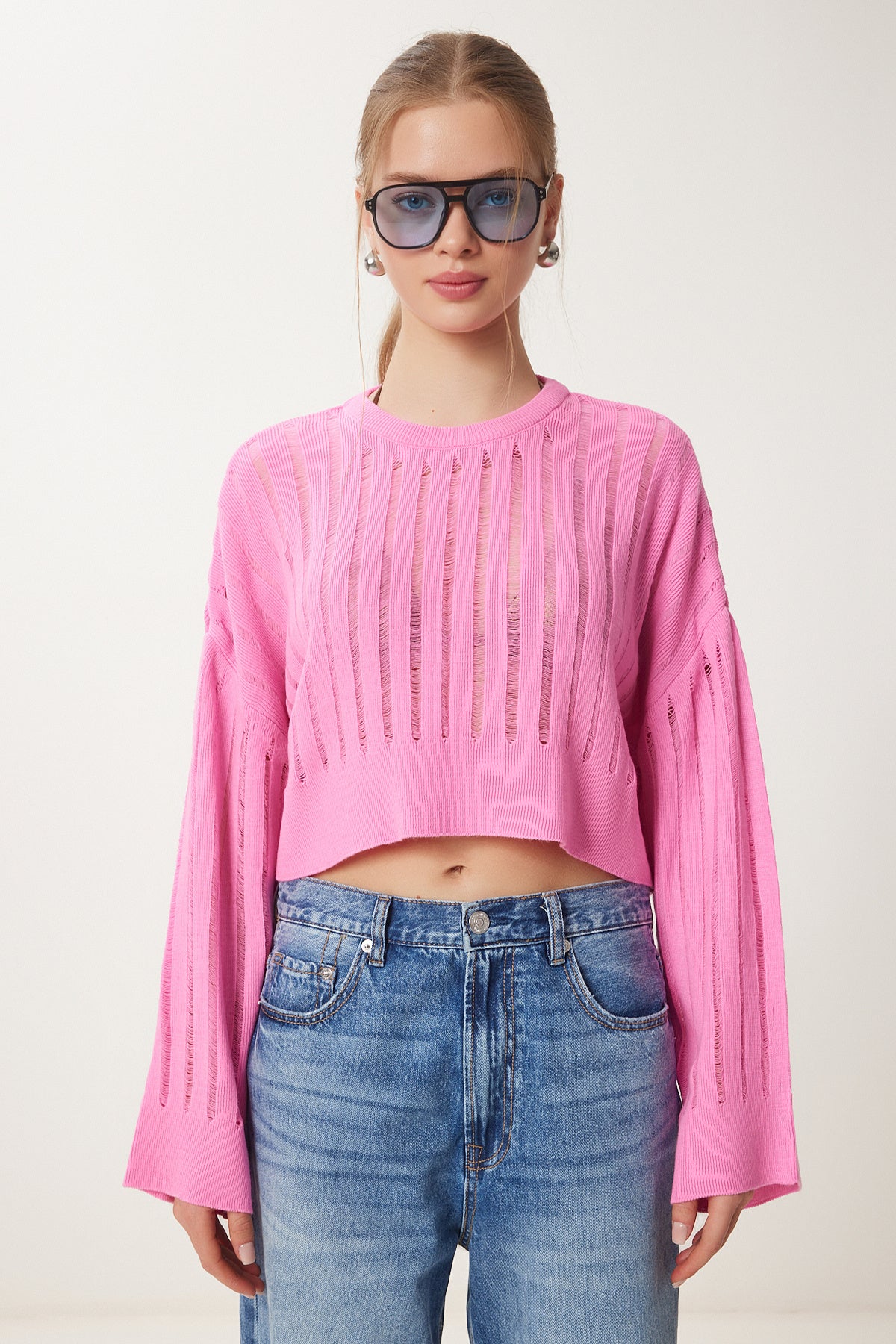 Açık Pembe Ajurlu Crop Triko Kazak MT00147