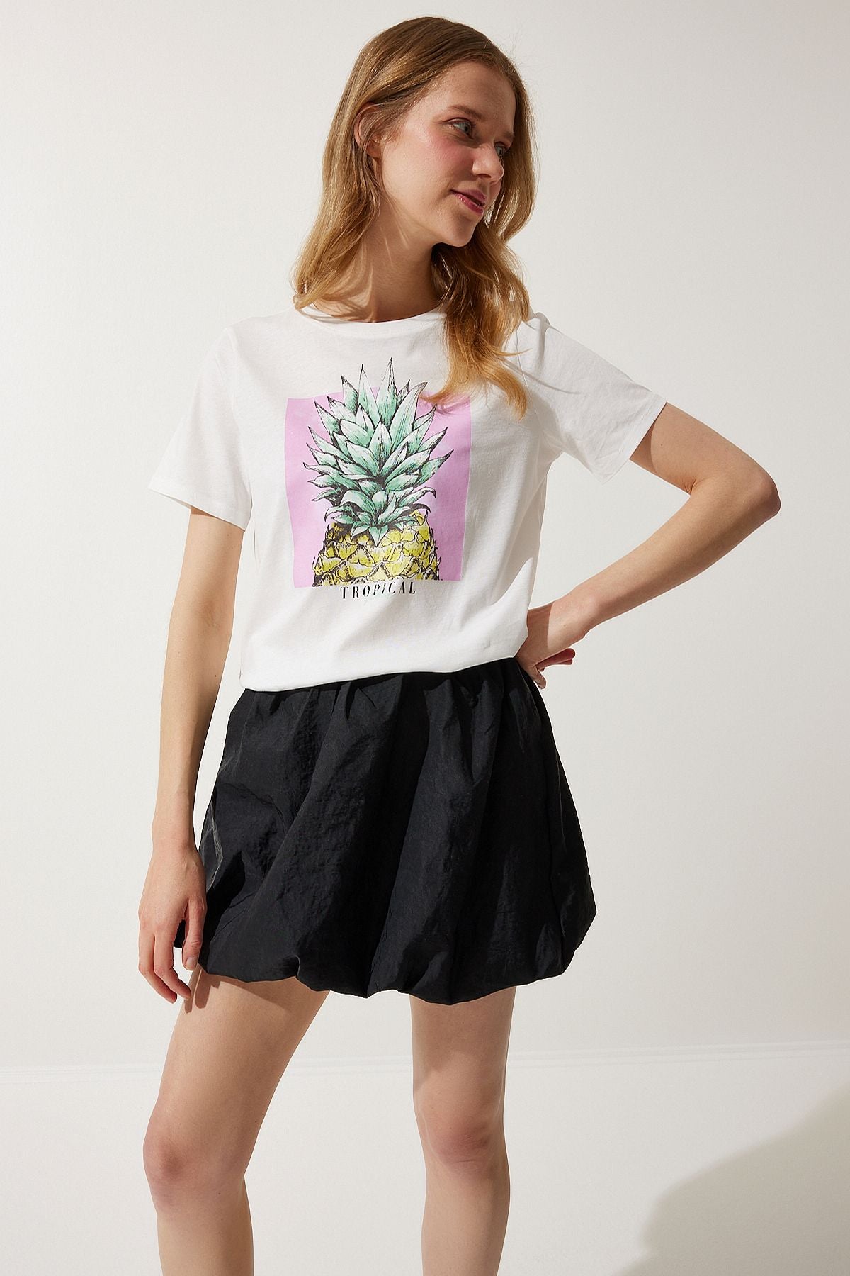 Beyaz Baskılı %100 Pamuk Örme T-Shirt WO00037