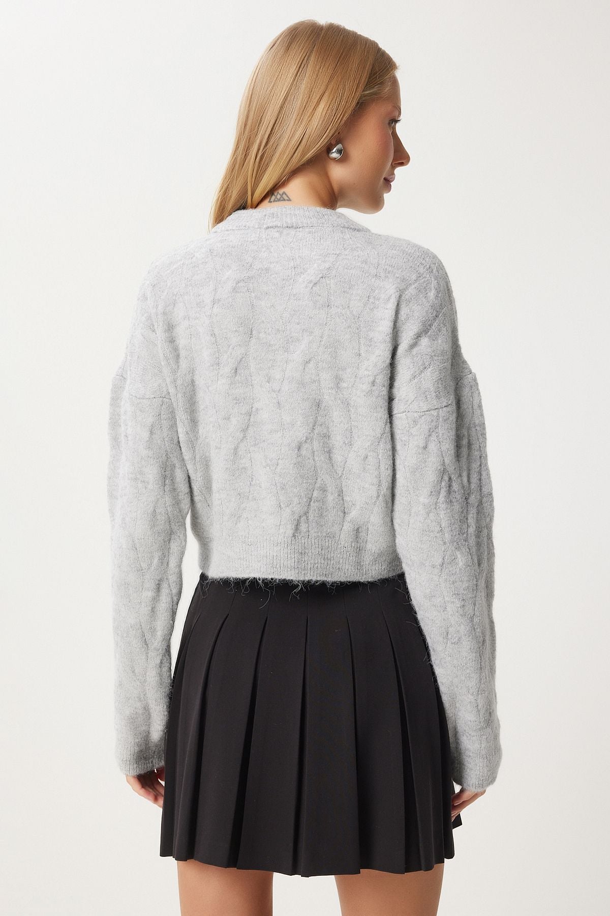 Gri Dokulu Crop Triko Kazak MX00170