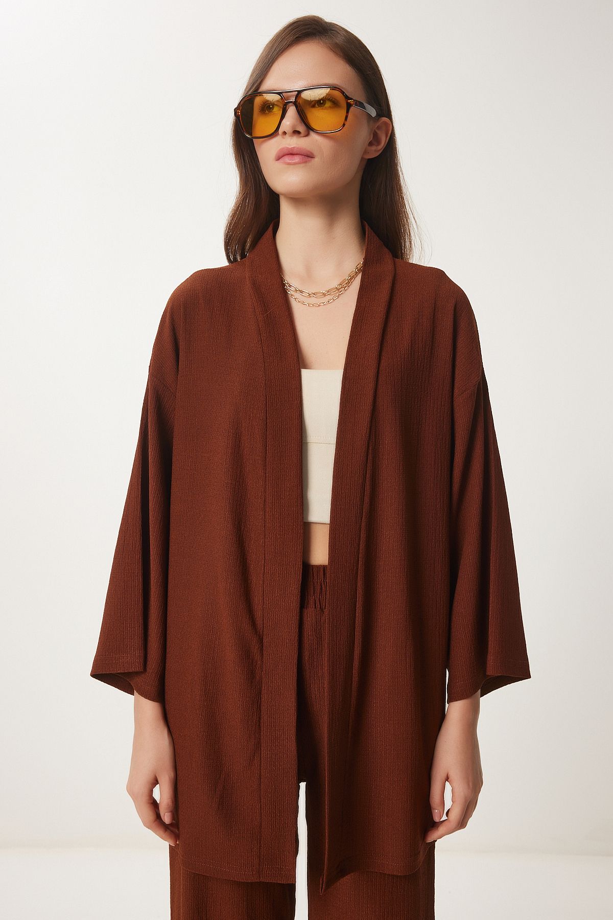 Kahverengi Kimono Pantolon Örme Takımı BY00050