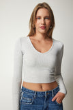 Gri V Yaka Crop Örme Bluz UB00201