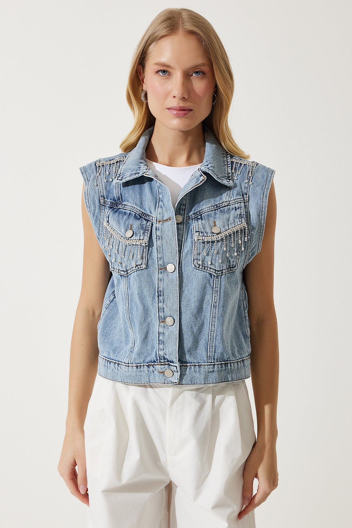 Mavi Şık Zincirli Denim Yelek RV00180