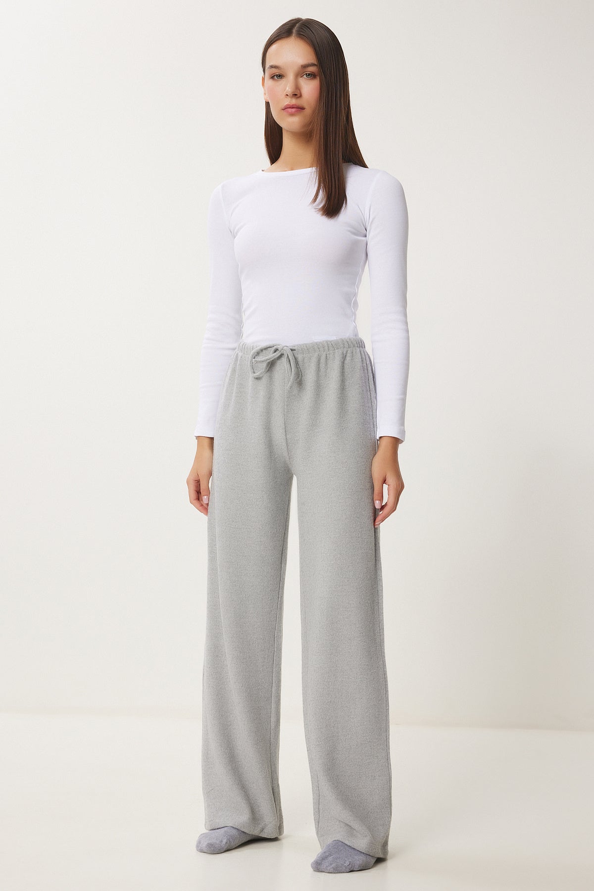 Gri Melanj Yumoş Bol Örme Pantolon UB00295