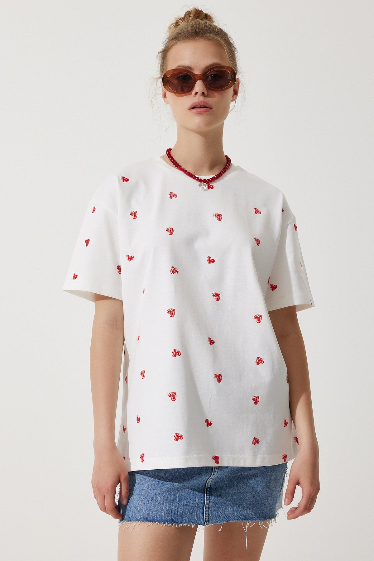 Beyaz Kalpli %100 Pamuk Oversize Uzun Örme T-Shirt NJ00148
