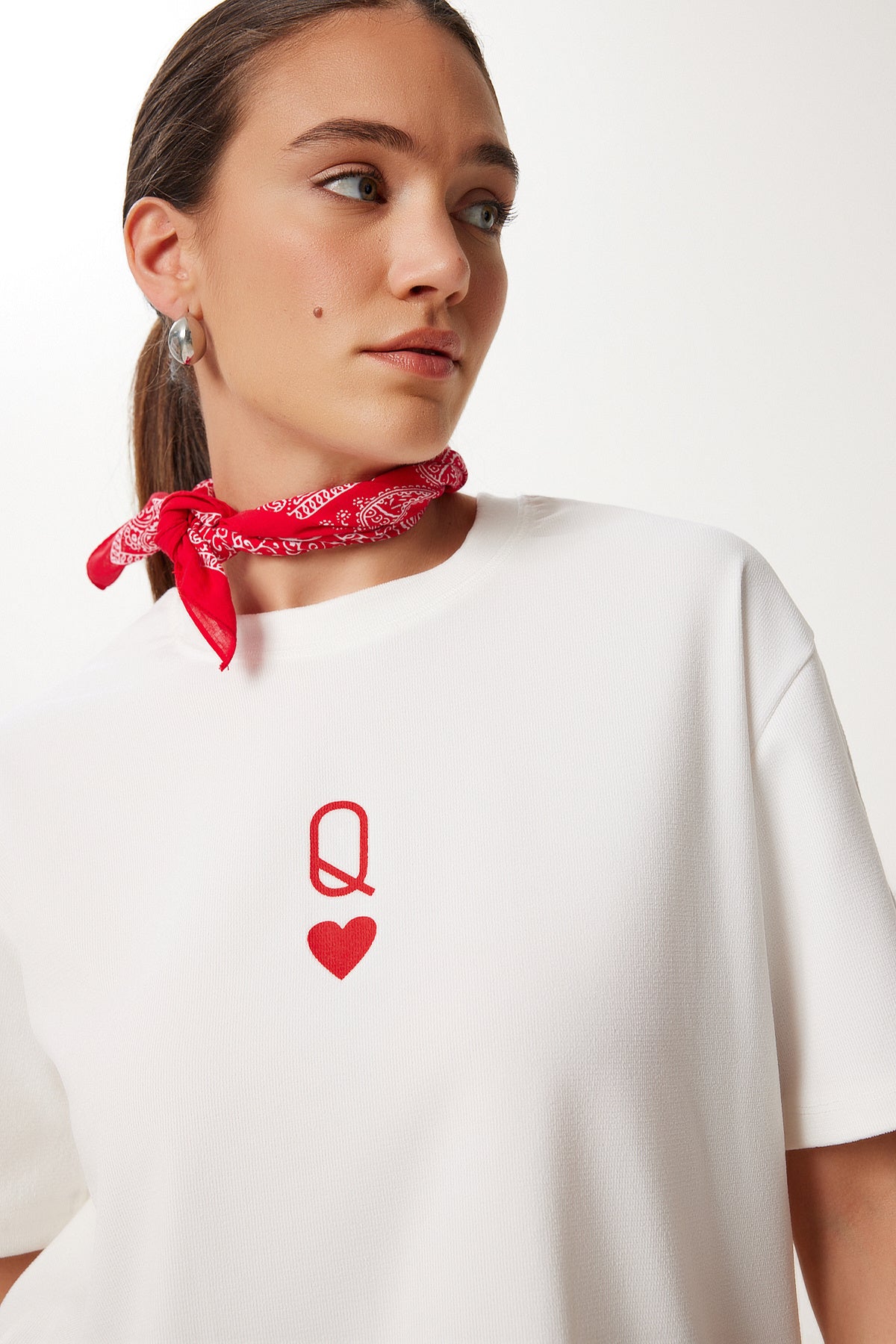 Ekru Baskılı Oversize Örme T-Shirt AN00245