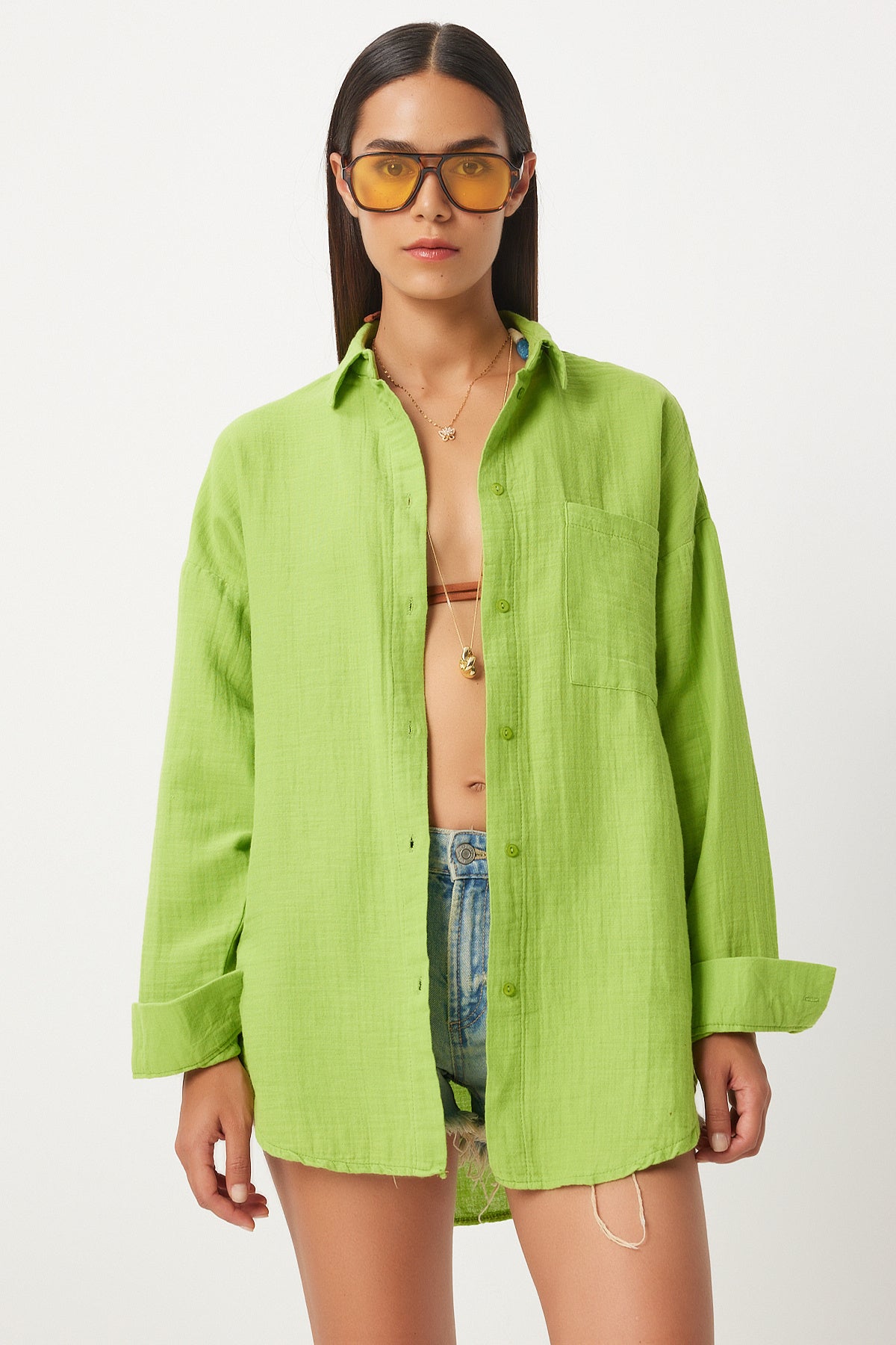 Fıstık Yeşili Oversize Basic Müslin Gömlek  MX00150