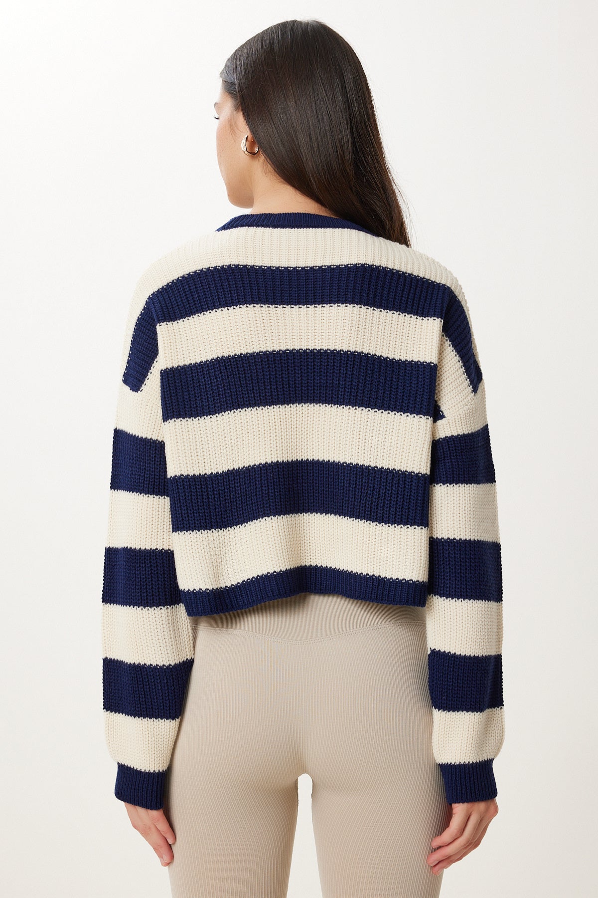 Lacivert Krem Çizgili Crop Triko Kazak PF00058