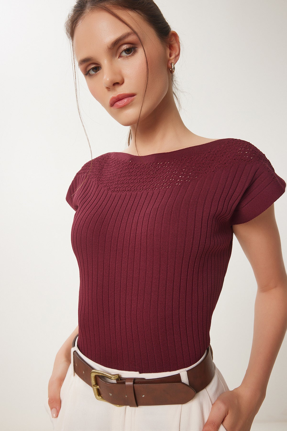 Bordo Ajurlu Yazlık Triko Bluz WA00002