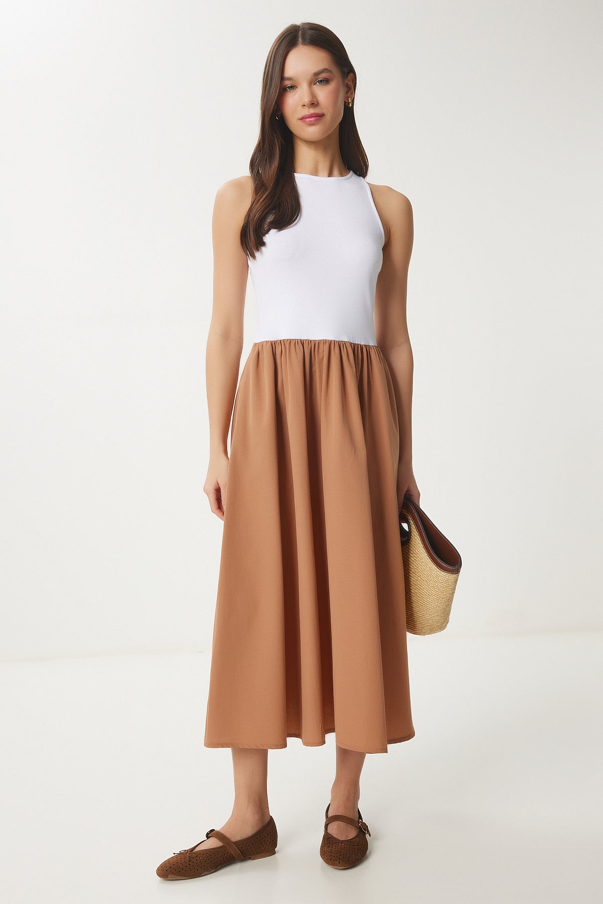 Camel Beyaz Esnek Örme Üstlü Poplin Etekli Elbise UB00379