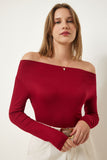 Bordo Kayık Yaka Örme Bluz RX00046