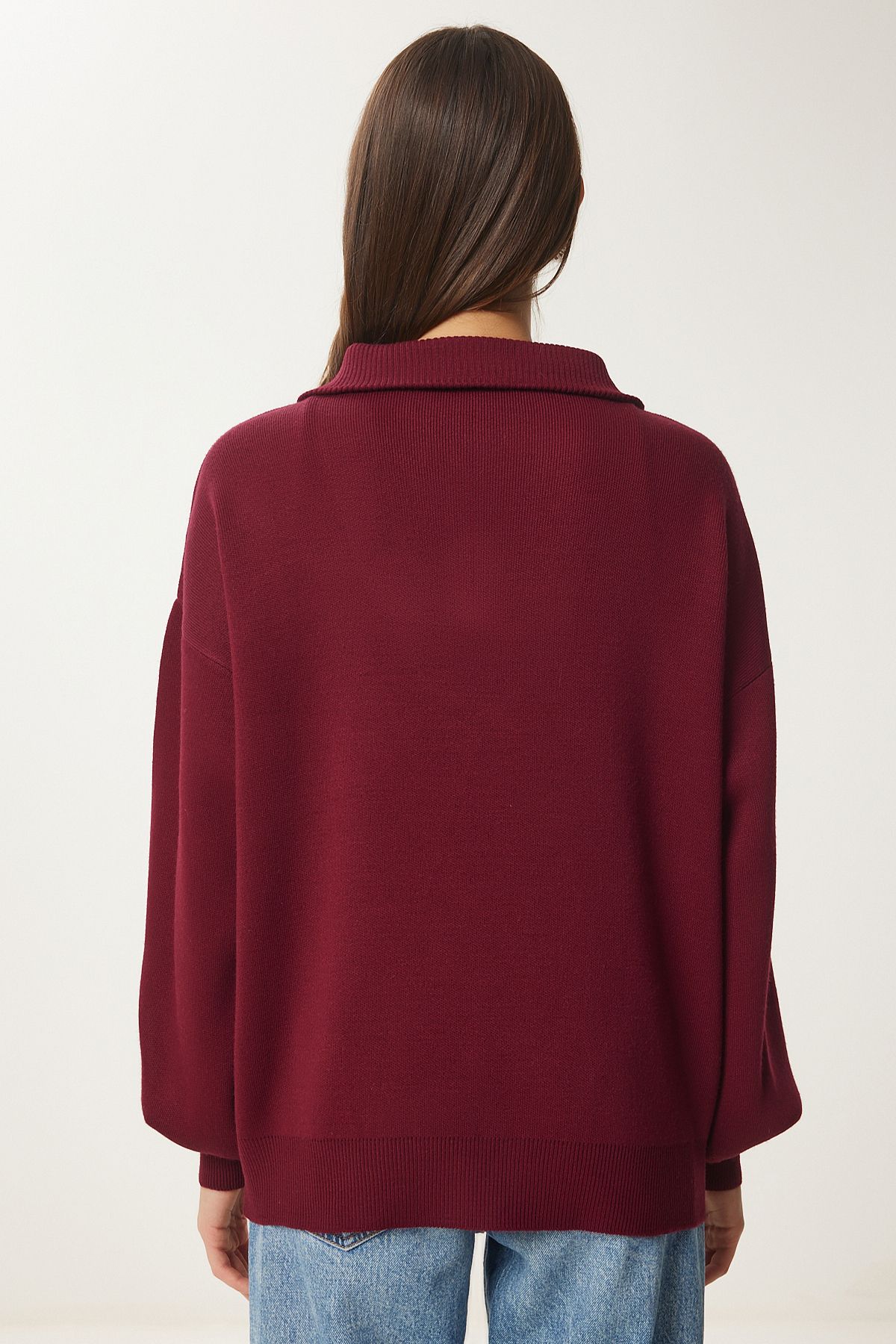 Bordo Fermuarlı Yaka Basic Triko Kazak PF00007