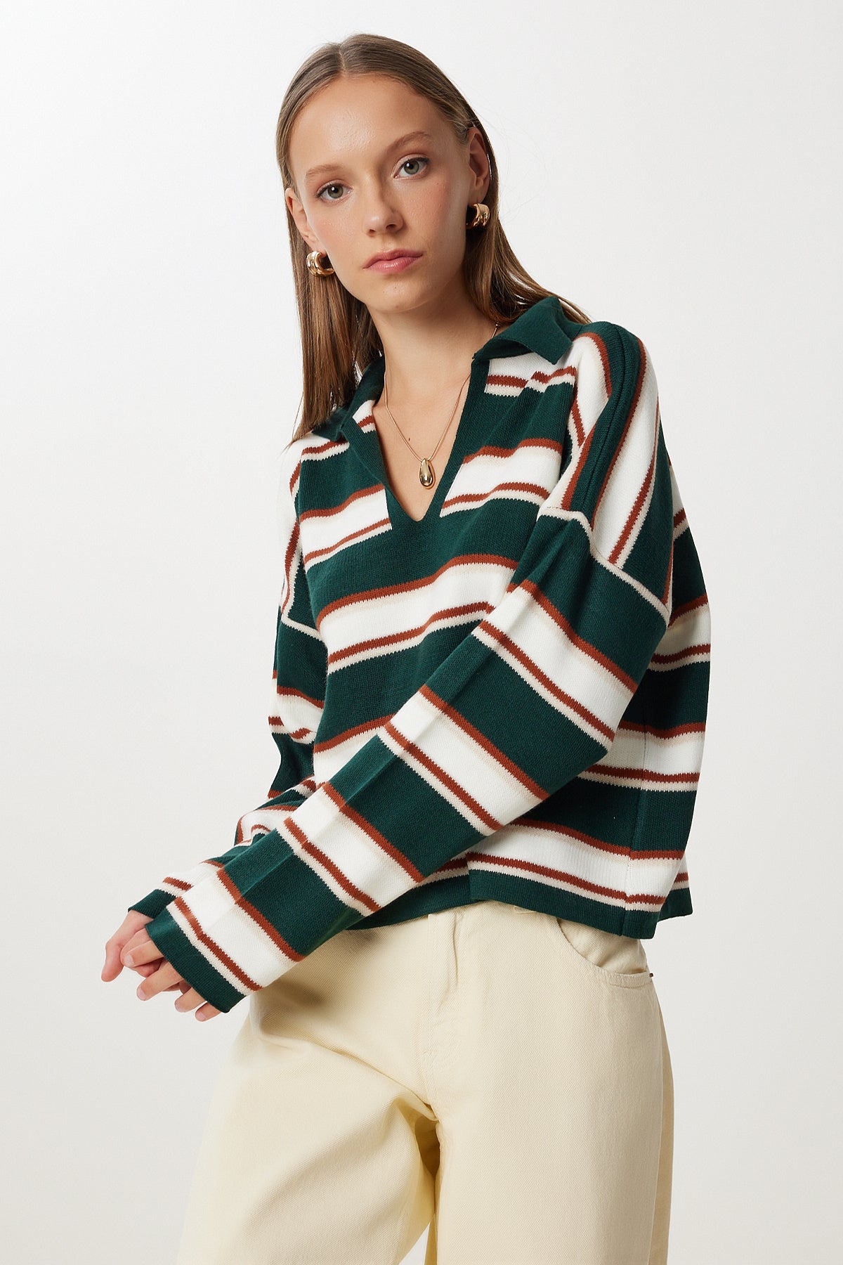 Yeşil Polo Yaka Çizgili Crop Triko Kazak Kİ00056