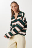 Yeşil Polo Yaka Çizgili Crop Triko Kazak Kİ00056