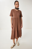 Kahverengi Oversize Volanlı Yazlık Örme Elbise CR00475