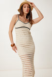Krem Askılı Ajurlu Yazlık Triko Elbise US00984