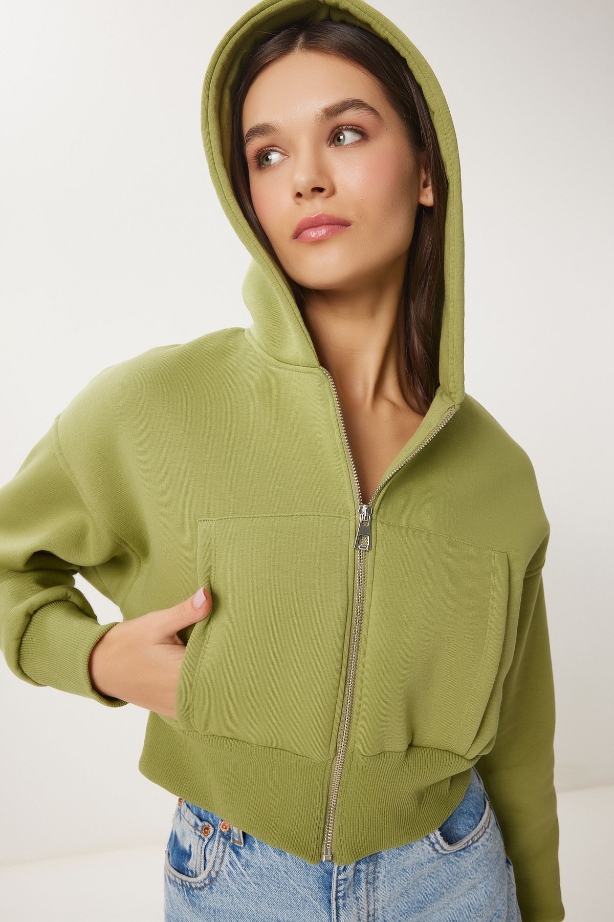 Fıstık Yeşili Kapüşonlu Şardonlu Fermuarlı Sweatshirt OW00051