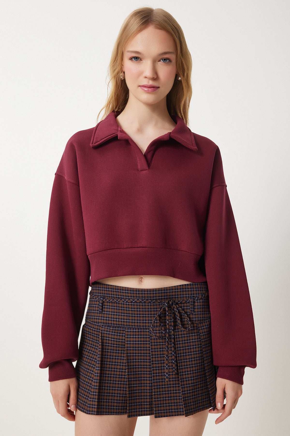 Bordo Polo Yaka Şardonlu Crop Örme Sweatshirt HW00014