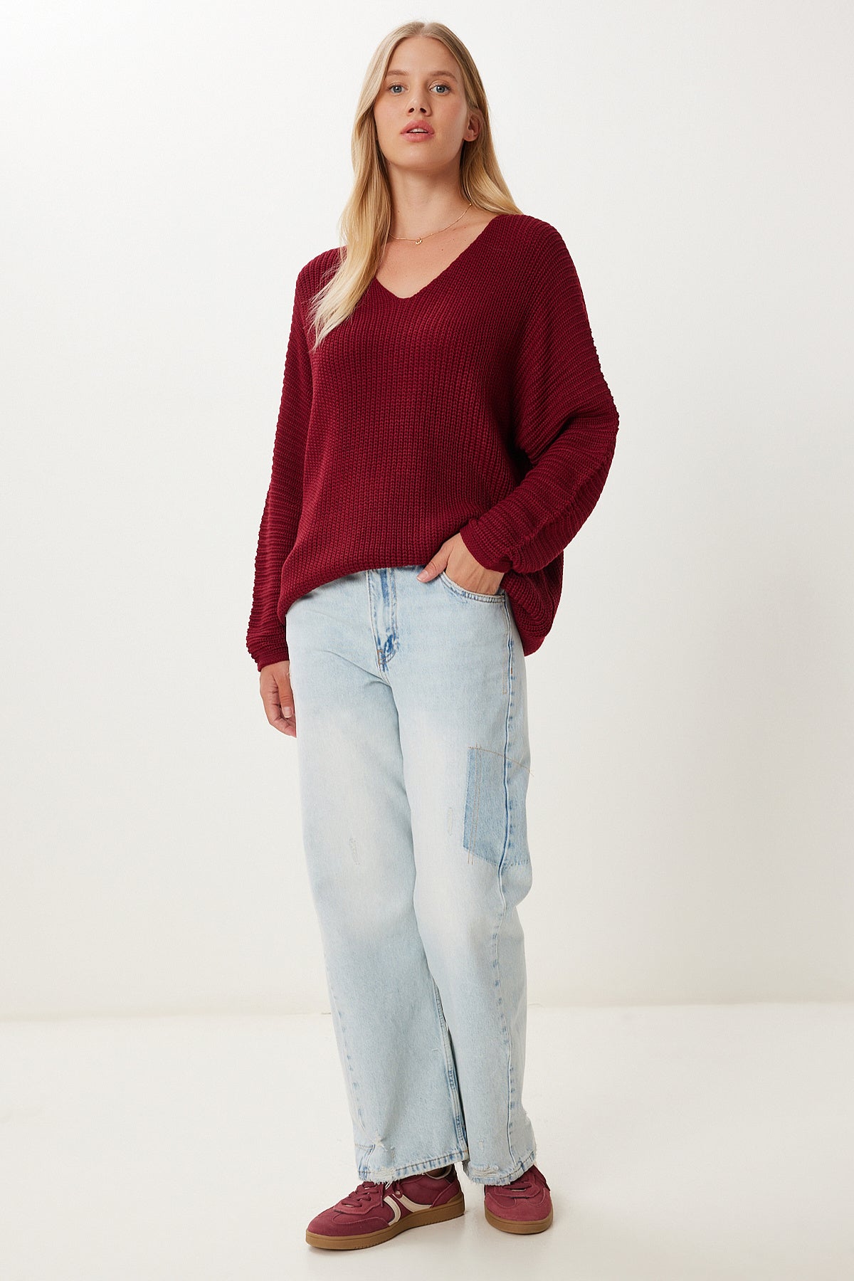 Bordo V Yaka Selanik Örgü Oversize Triko Kazak ZA00059