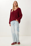 Bordo V Yaka Selanik Örgü Oversize Triko Kazak ZA00059